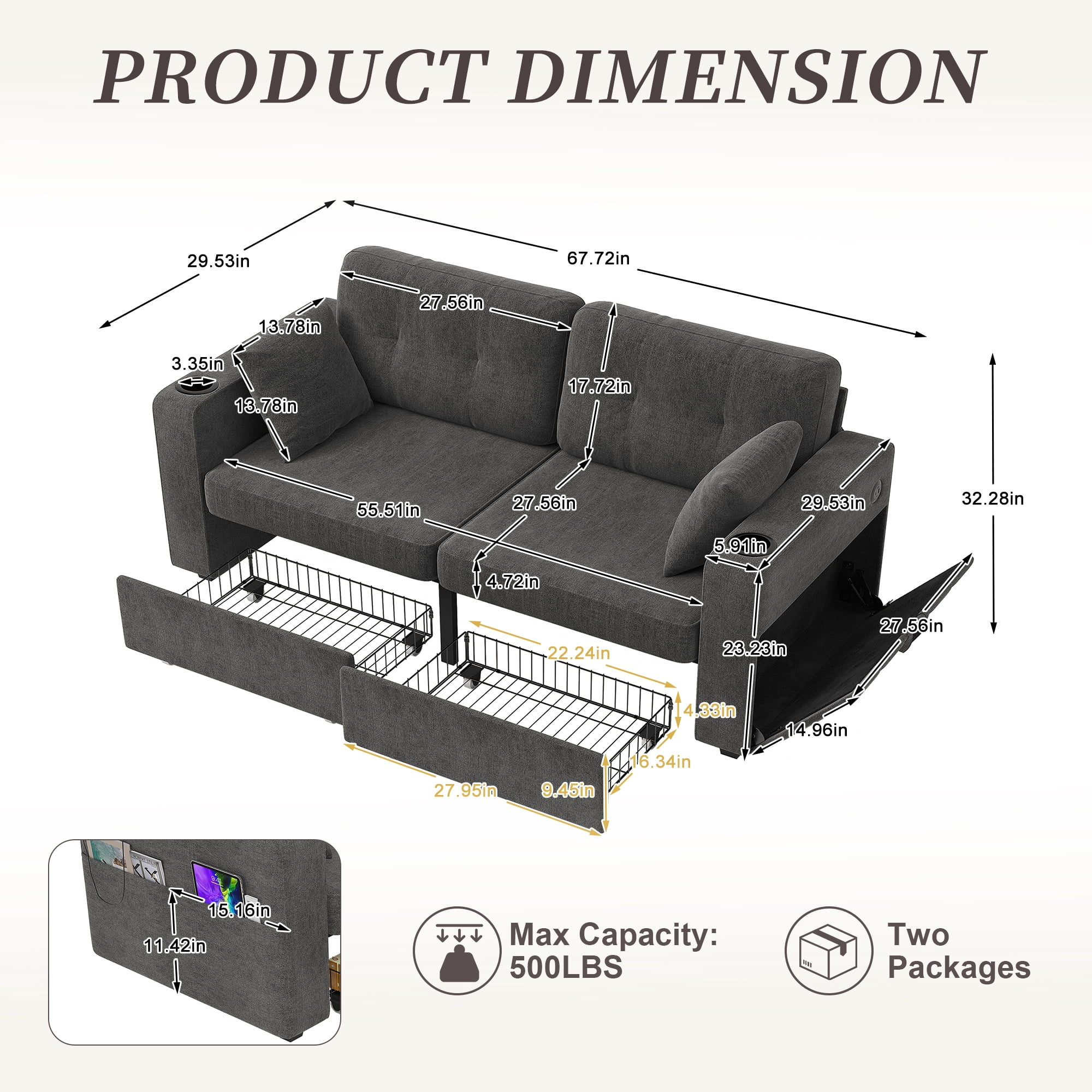 68" Chenille Two Seater Couch, Living Room Loveseat with Usb Charging, Upholstered Loveseat with Storage for Living Room, Gray