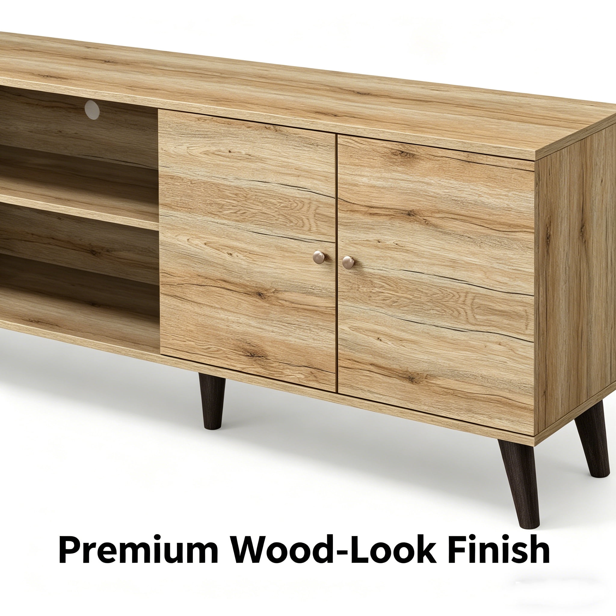 Aukfa Mid-Century Modern TV Stand for TVs up to 65", Wood Entertainment Center with 2 Doors, Low Profile Media Console,Natural