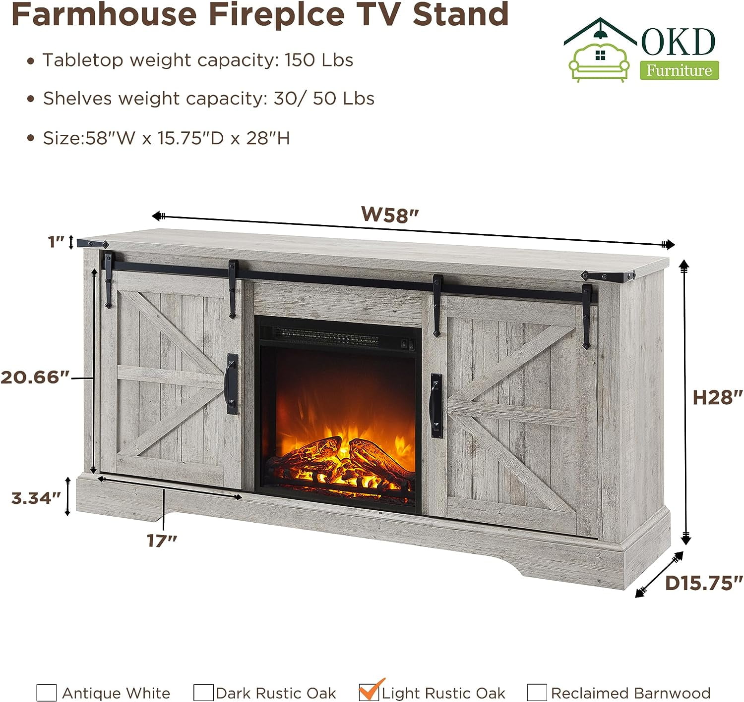 OKD Farmhouse Electric Fireplace TV Stand for TVs up to 65", Entertainment Center with Fireplace, Light Rustic Oak