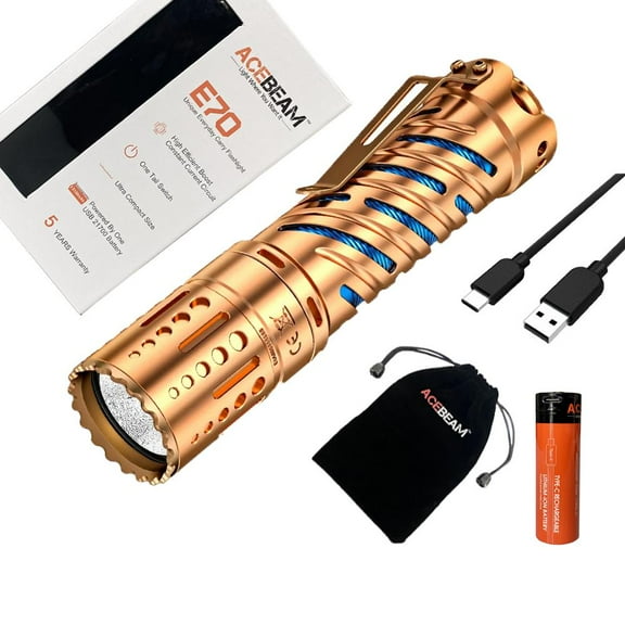 Acebeam E70 Copper LED Flashlight -4600 Lumens -up to 240 meters throw 6500K Cool White w/ 21700 Rechargeable Battery