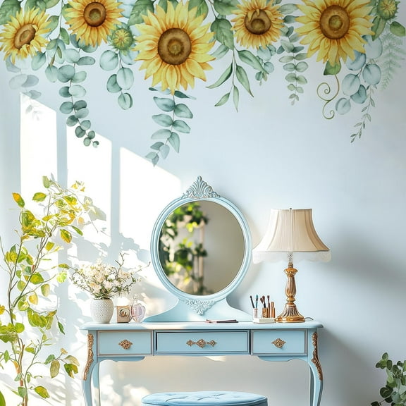 Sunflowers Floral Wall Decals Peel and Stick, Large Floral Flowers Wall Stickers, Removable Vine Home Decor Art for Bedroom Living Room Classroom Office