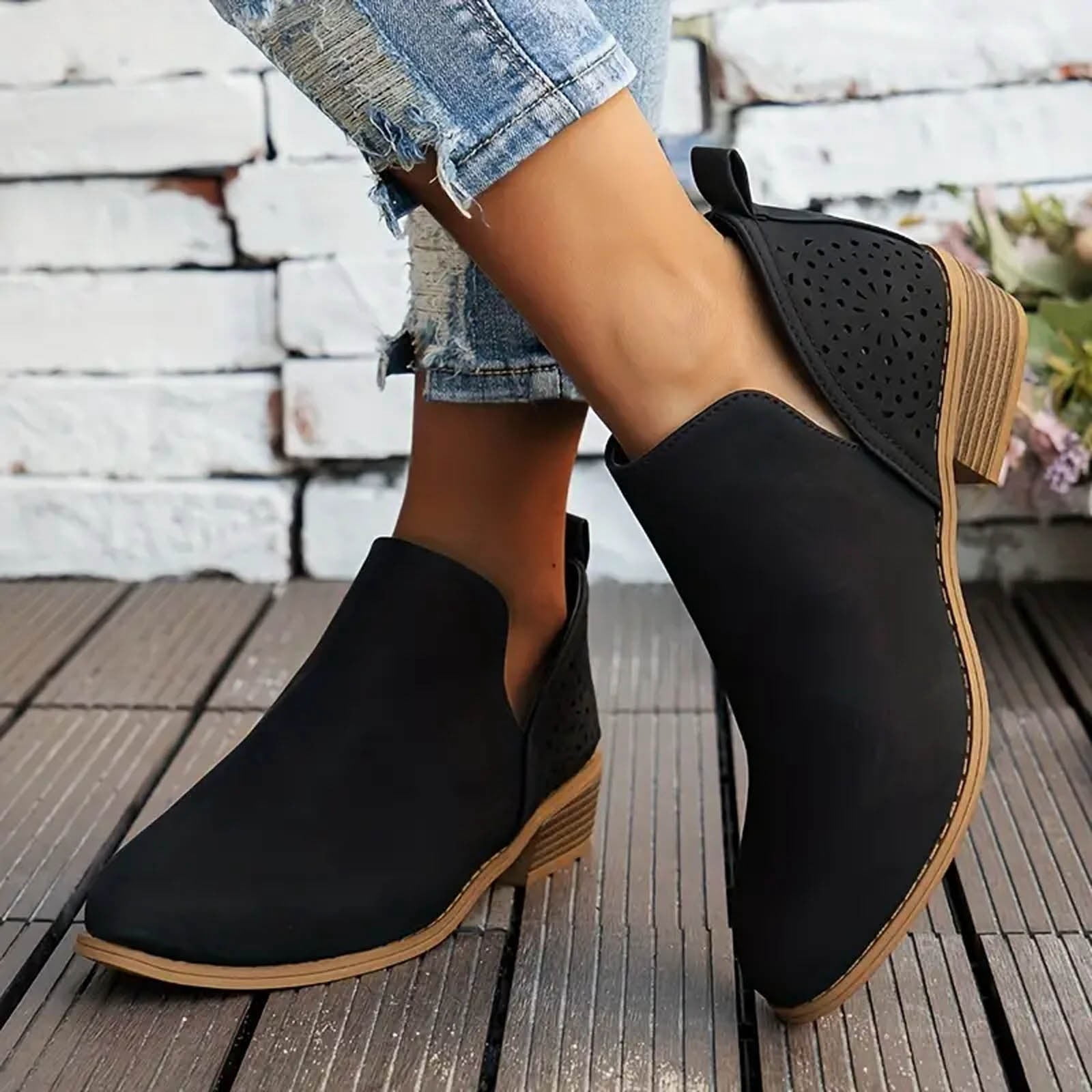 Dakaela Ankle Boots for Women Casual Slip on Loafers Chunky Low Heel Dress Shoes Cut out Work Booties