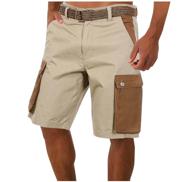 Mens Casual Pantalones Cortos Color Sólido Algodón-Lino Botón Multi-Bolsillo Grande Bolsillo Ropa de Trabajo Medio Pantalones Cortos, Pantalones Casuales de Poliéster