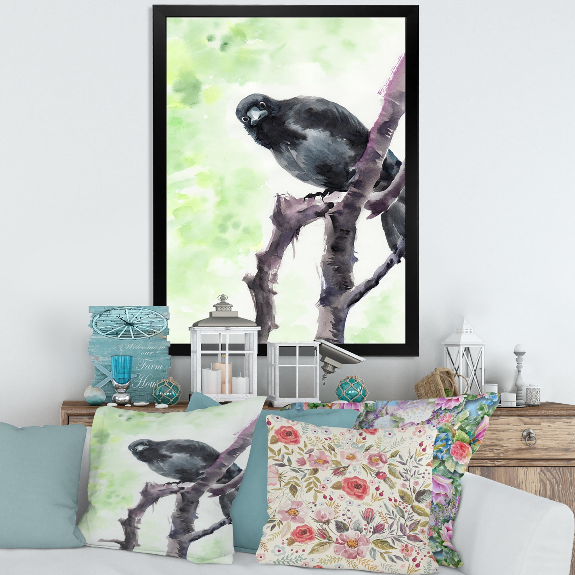 Designart 'Curious Crow Sitting On A Branch' Traditional Framed Art Print