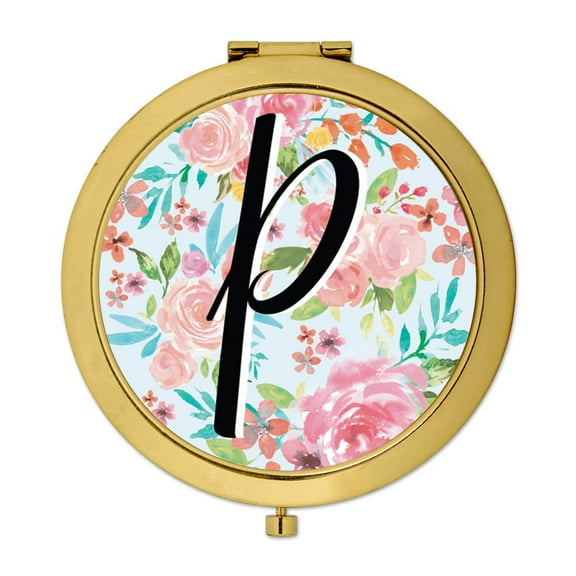 Koyal Wholesale Compact Mirror Bridesmaid's Wedding Gift, Gold, Monogram Letter P, Tea Party Pink Floral Flowers, 1-Pack