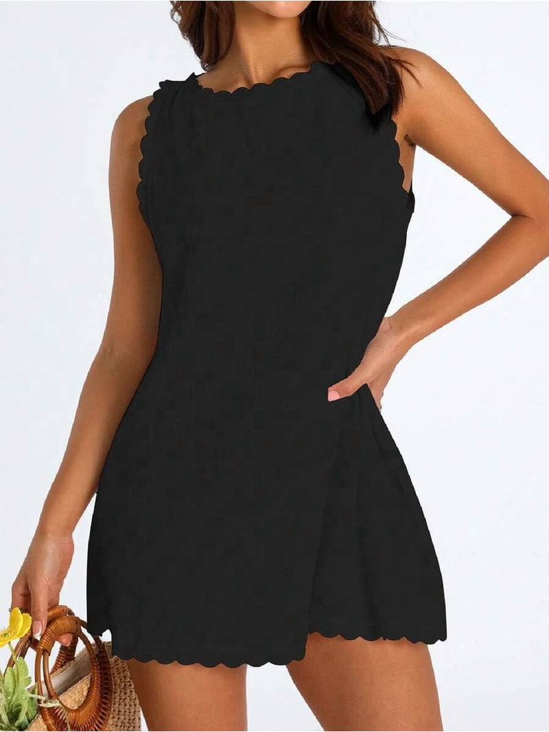 Black Sleeveless Mock Neck Scallop Hem Linen Sundress Casual Summer Dress, Women's, Size: Small