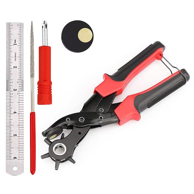 Belt Punch , Manual Multifunctional Hand Hole Puncher with 6 Hole Sizes, Manganese Steel Material, for Leather Plastic, with Spacer, Screwdriver, Ruler, and Hole Grinding Rod