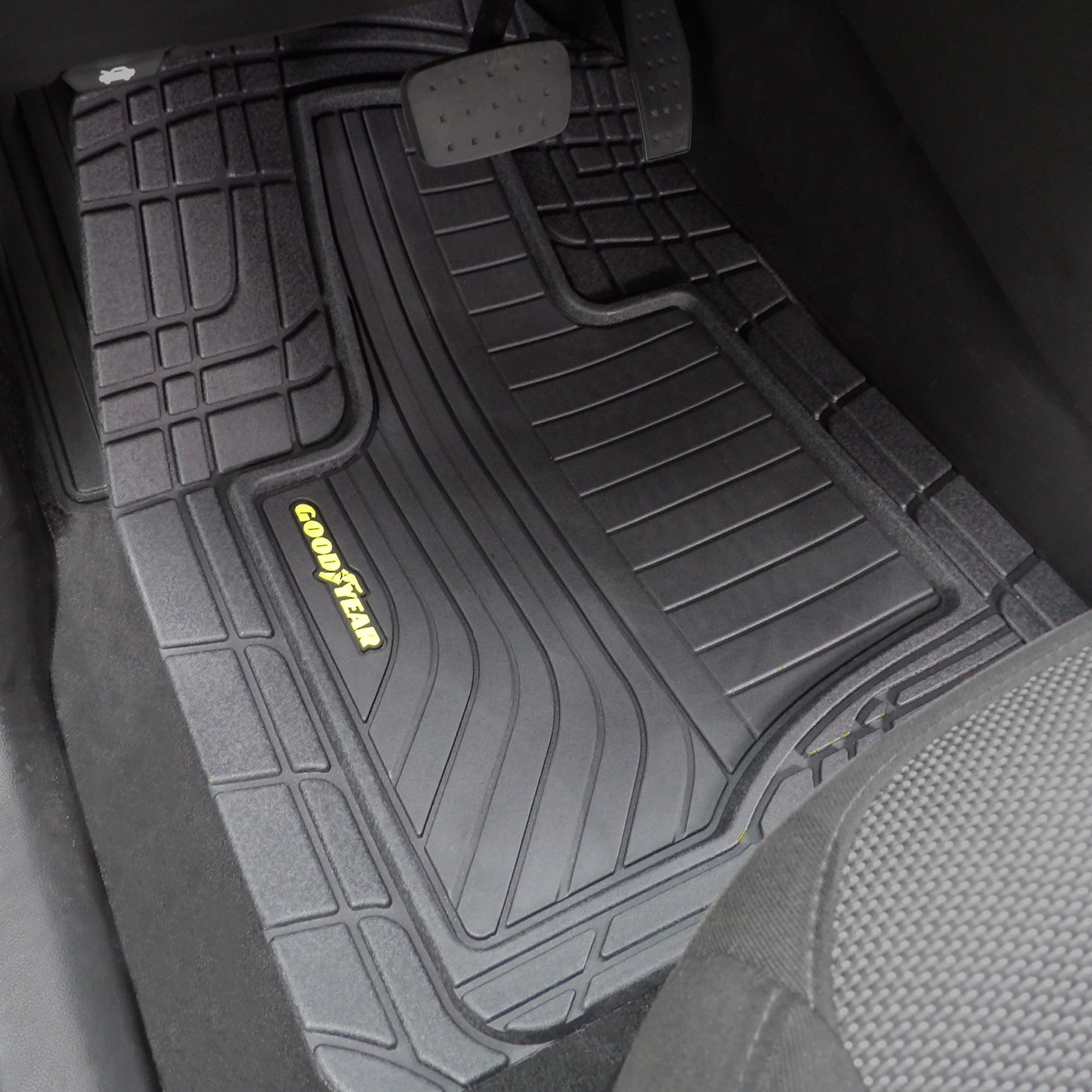 Goodyear 5-Piece Sport All-Weather Rubber Floor Mat Set – Black with Yellow Logo + 2 Cup Holder Coasters – Heavy Duty Universal Trim-to-Fit Car, SUV & Truck Floor Mats