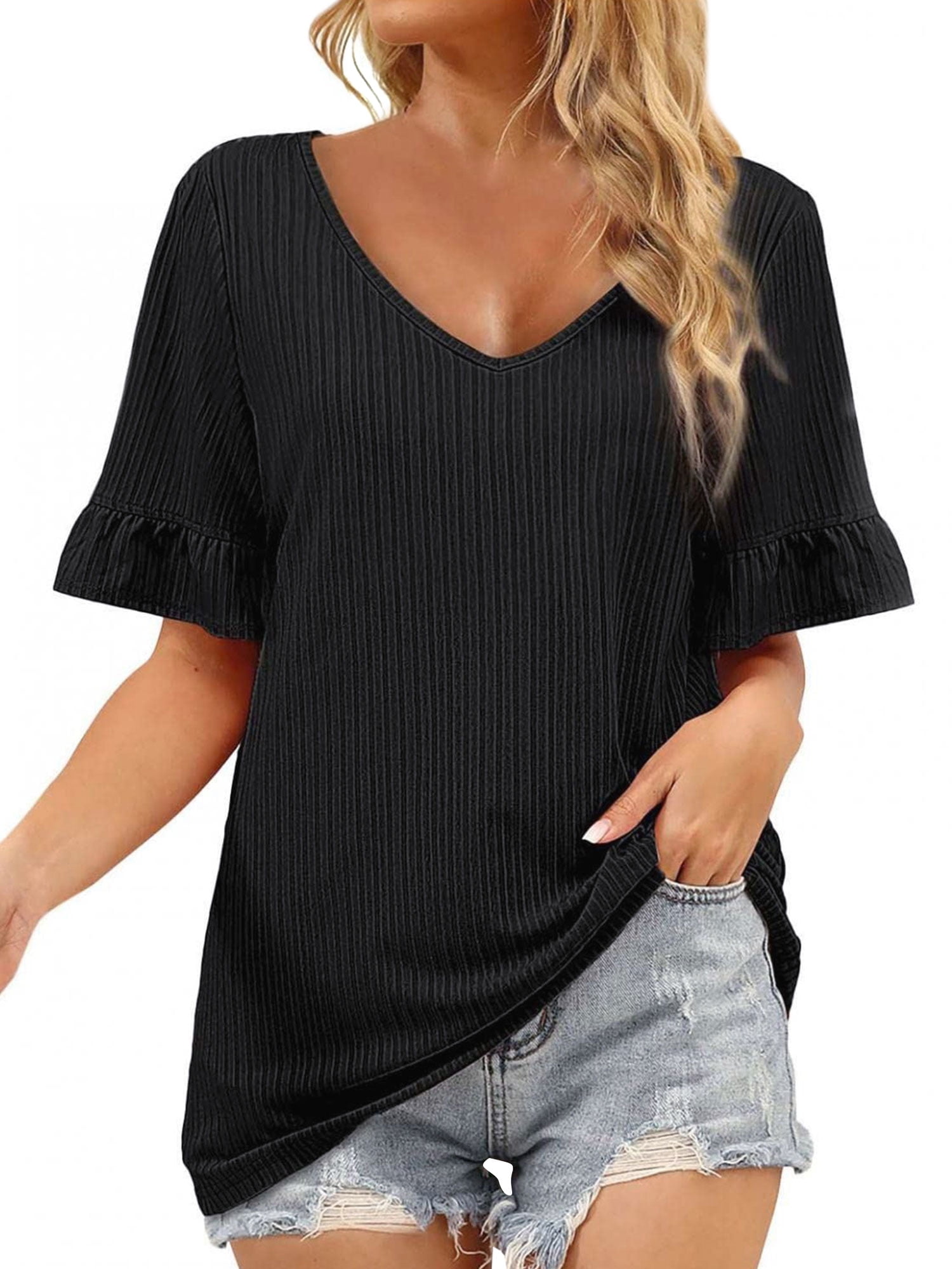 ZXZY Women Solid Color V Neck Ruffle Short Sleeve Knit Top 