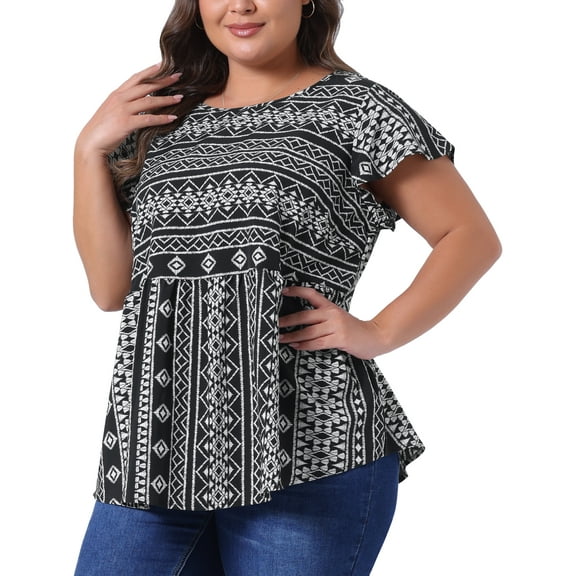 DARING DIVA Women's Plus Boho Floral Ruffle Sleeve Blouse 3X Black