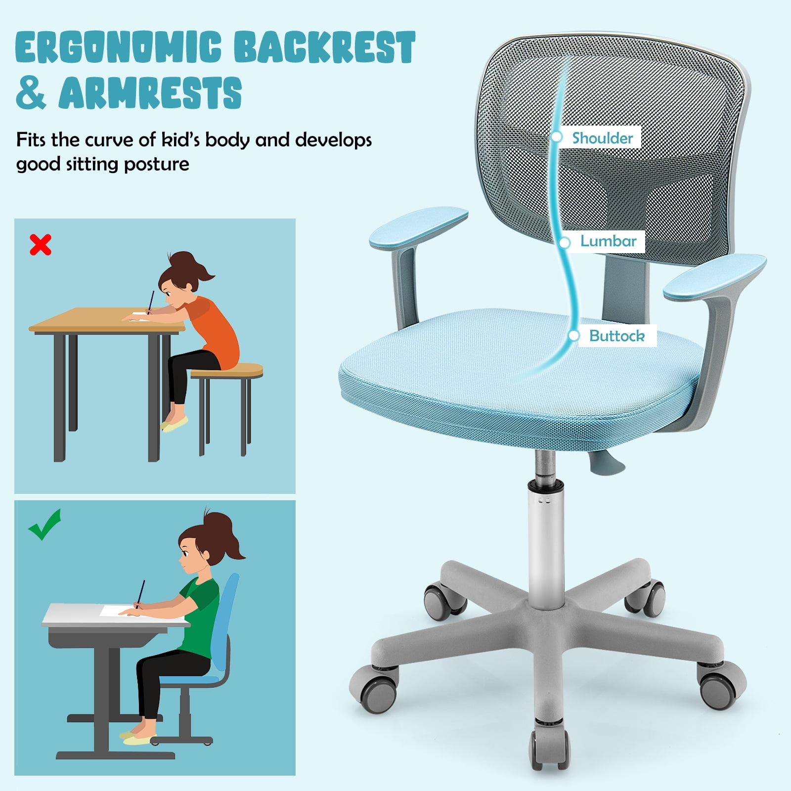 Gymax Kids Desk Chair Adjustable Height Children Study Chair w/ Auto Universal Casters Blue