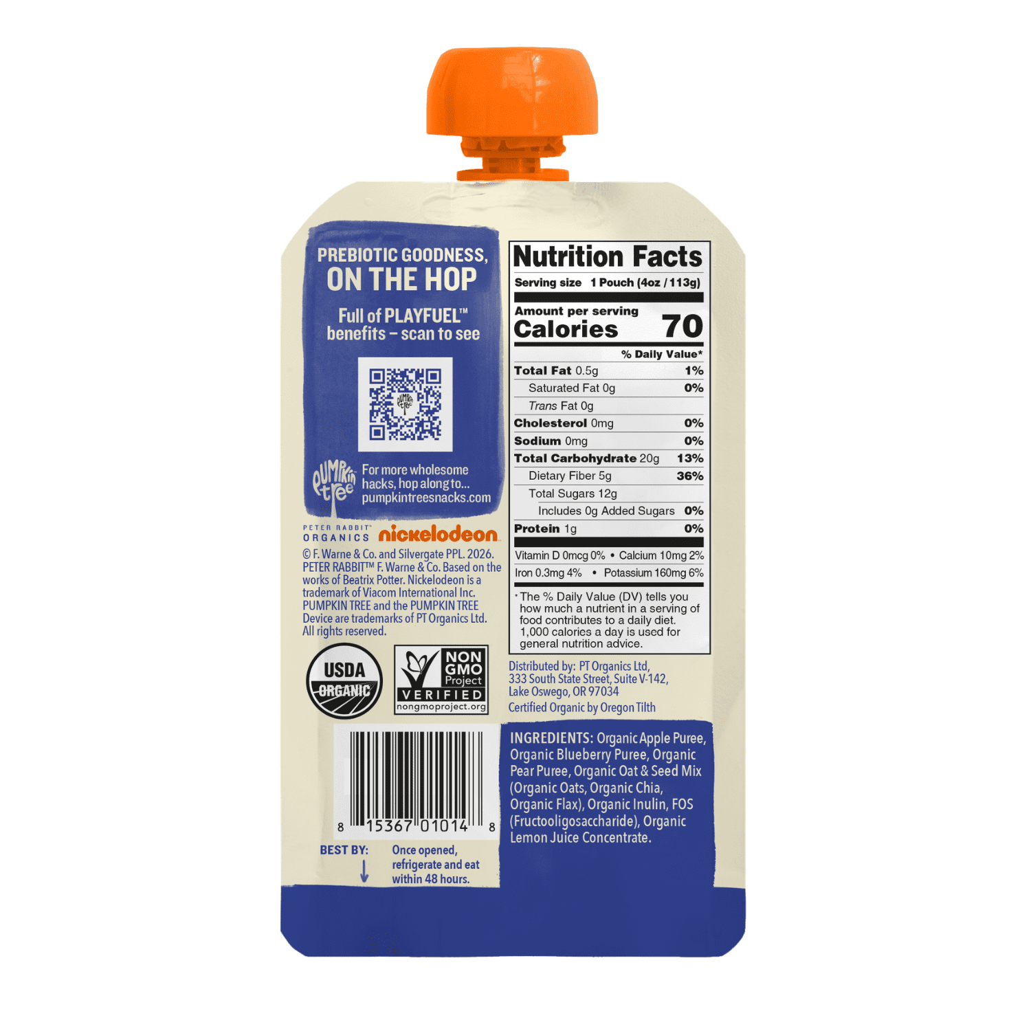 Pumpkin Tree Organics Peter Rabbit Prebiotic Fiber, Oats and Seeds Apple & Blueberry Fruit Snack, 4 Ounce Squeeze Pouch