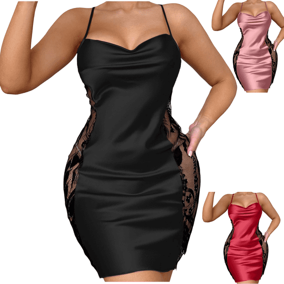 Tawop Womens Sleepwear Lingerie Spaghetti Strap Satin and Lace Plus Size Nightgowns
