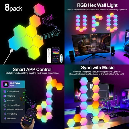 

DFDIEJZ RGB Smart Hexagonal Wall Lamp Color changing Ambient Night Light DYI Shape Music Rhythm APP Game Room Bedroom Intelligent