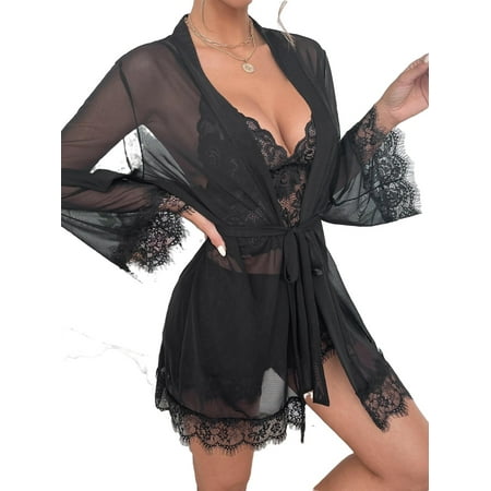 

3pcs Set Sexy Cami Robe Sets Black Women s Pajama Sets (Women s)