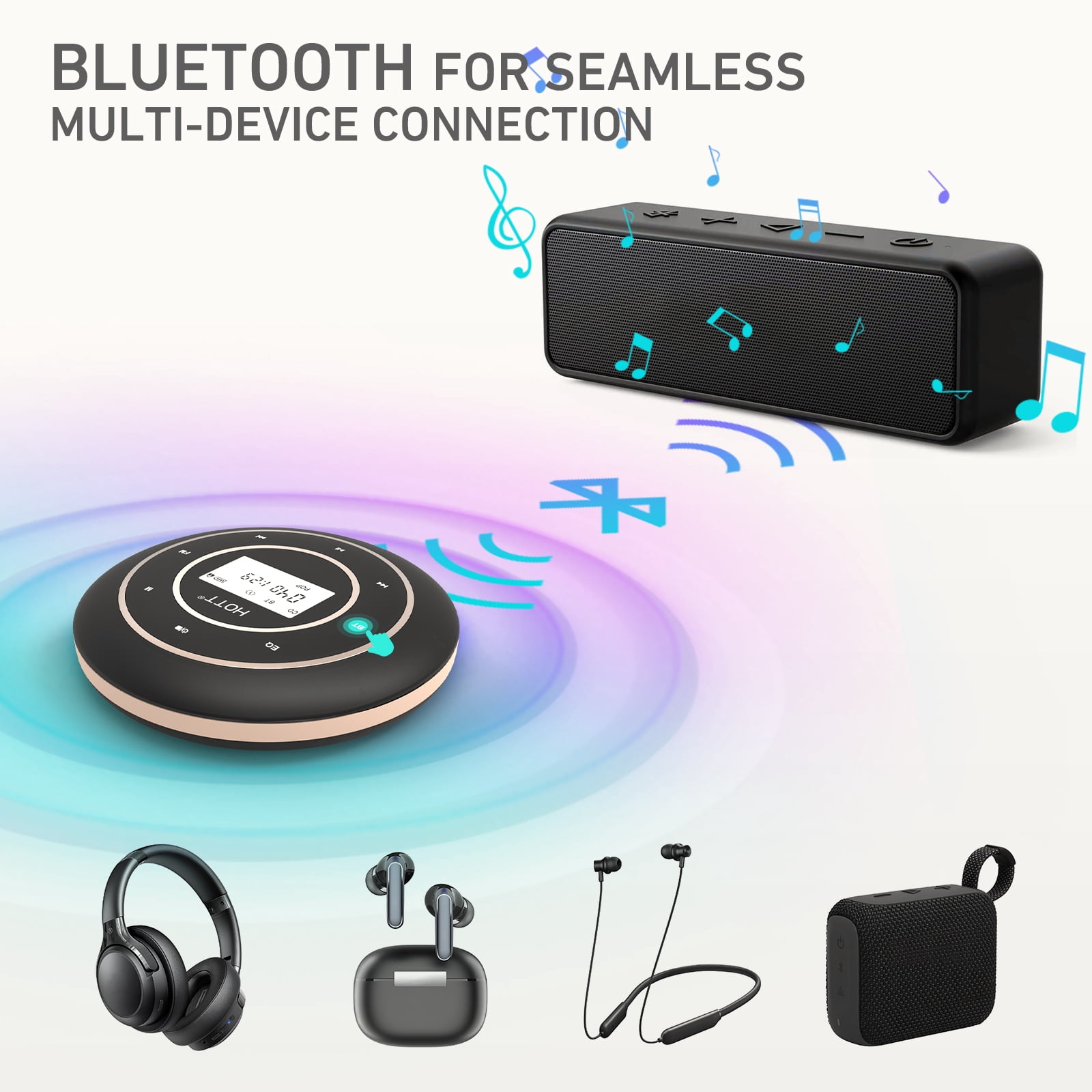 HOTT Portable CD Player with Bluetooth & FM Transmitter – Rechargeable Battery, Anti-Skip Technology, Backlit Touch Controls, AUX Input – Lightweight for Car & Travel (Black)