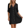 thumbnail image 2 of CFLVAEK Swimsuit Coverup for Women Summer Casual Long Sleeve Bathing Suit Cover Up Solid Color V Neck Pleated Beach Vacation Cover Ups Dress Black S, 2 of 6