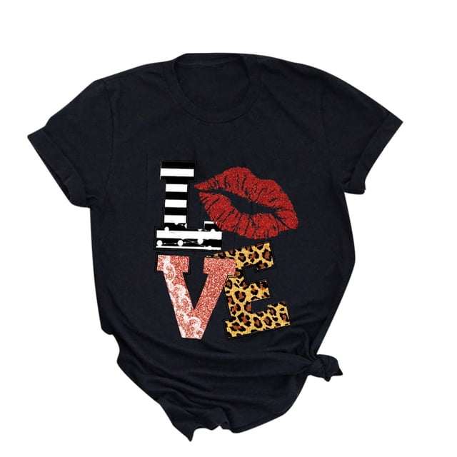 Hauts d'Été pour Femmes 2023 Amour Imprimé Cadeau de la Saint-Valentin Couple Manches Courtes Col Rond T-shirt Hauts