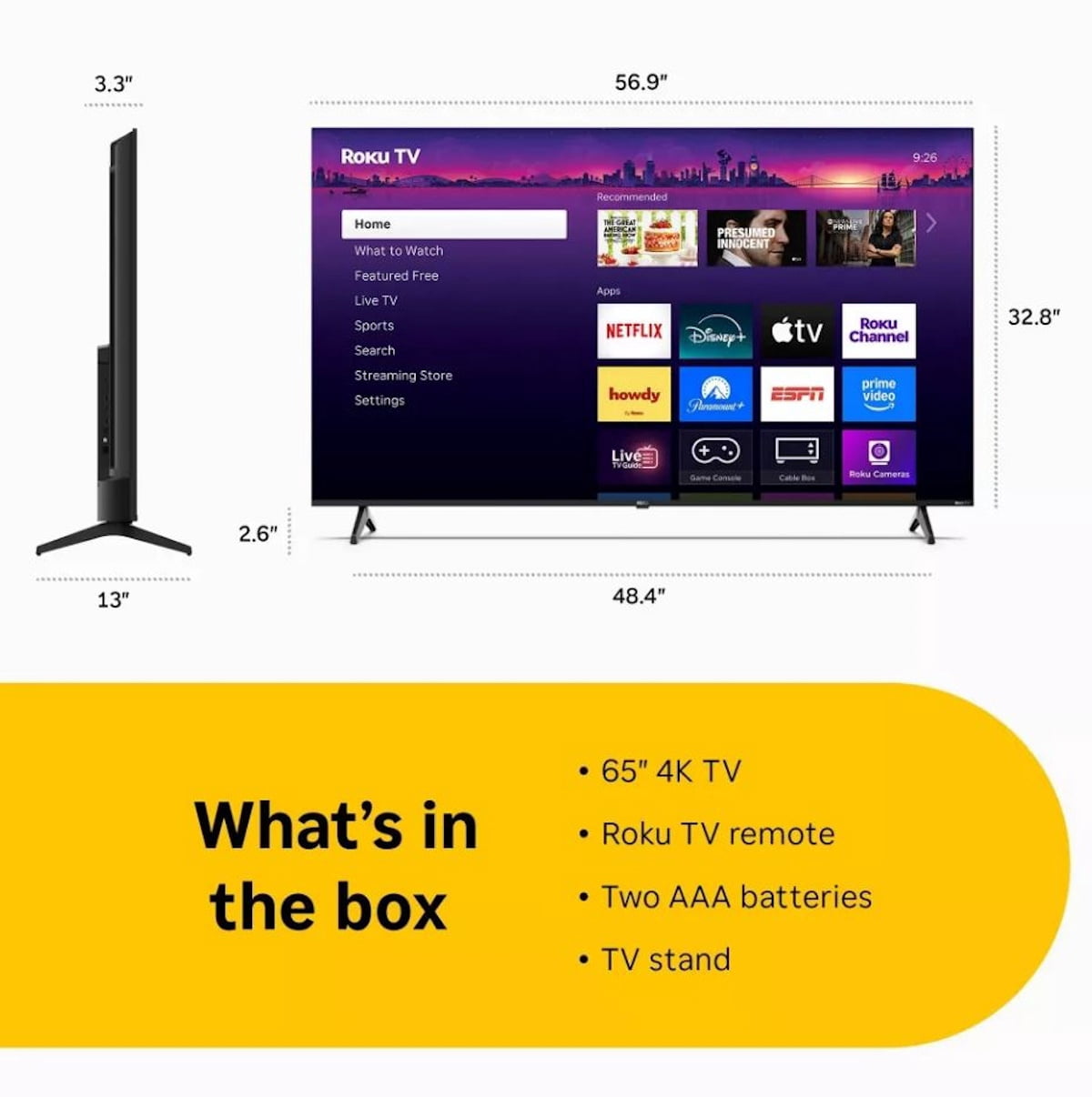 Restored Hiro 65" 4K HDR Smart TV Flat Screen LED Television with Roku TV and Dolby Audio Streaming H65C4C4