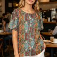 thumbnail image 6 of JULMCOMO Cotton Linen T Shirts for Women Floral Print Short Sleeve Casual Henley Shirts Baggy Comfy Summer Tops with Chest Pocket Wine 3XL, 6 of 9
