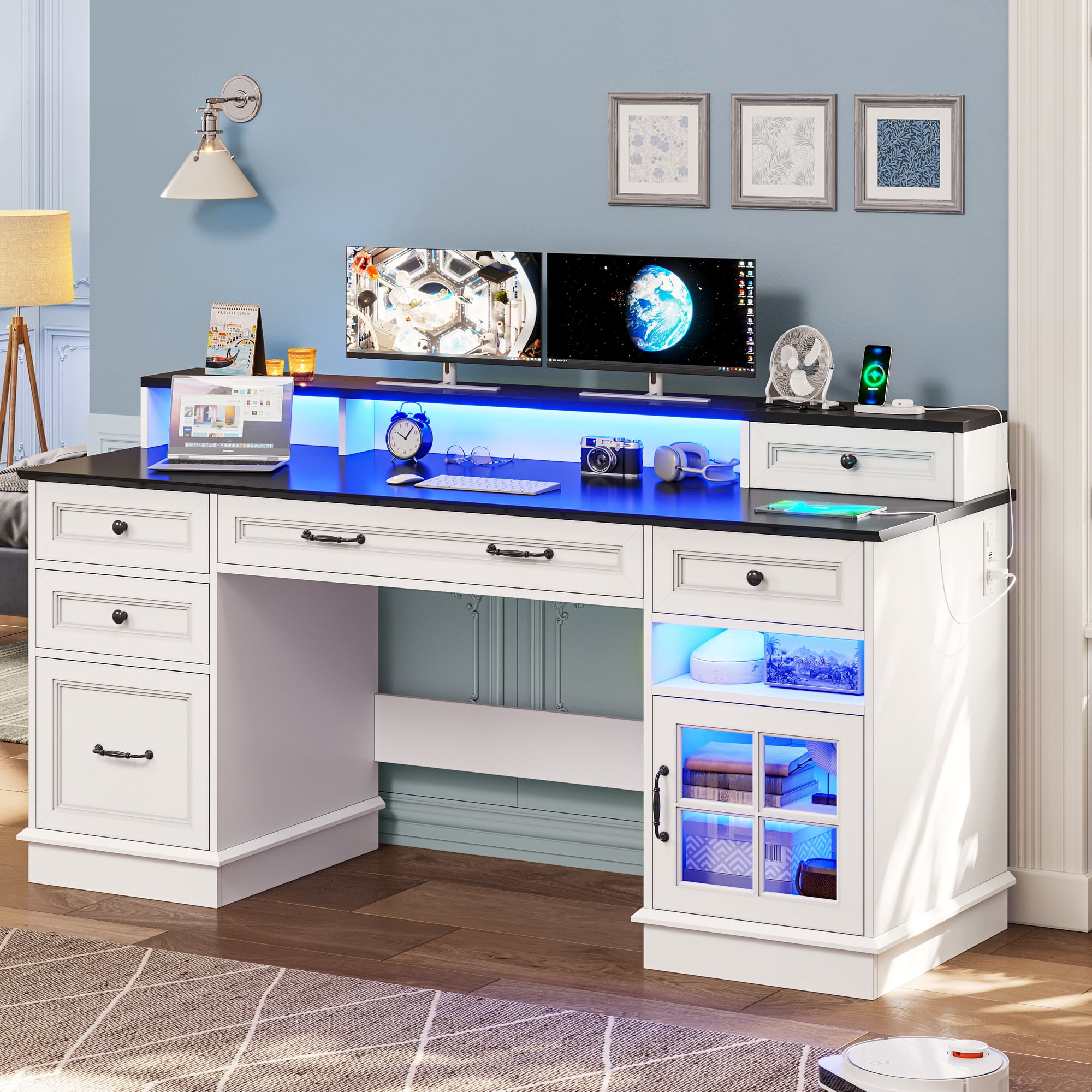 Afuhokles 59" Computer Desk with 5 Drawers and Charging Station, Farmhouse Office Desk for Home Office, White