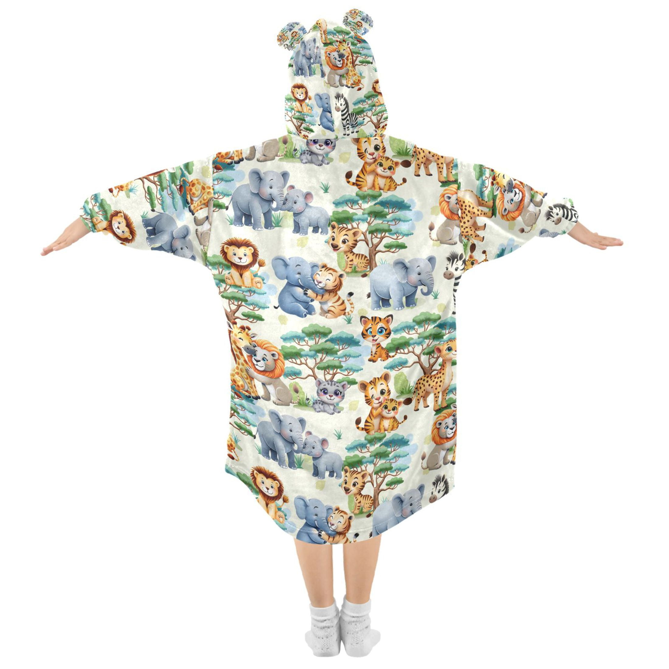 joogoo Wearable Blanket Jungle Animals Lions Elephants Hoodie for Oversized Sherpa Hooded 3-14 YR M