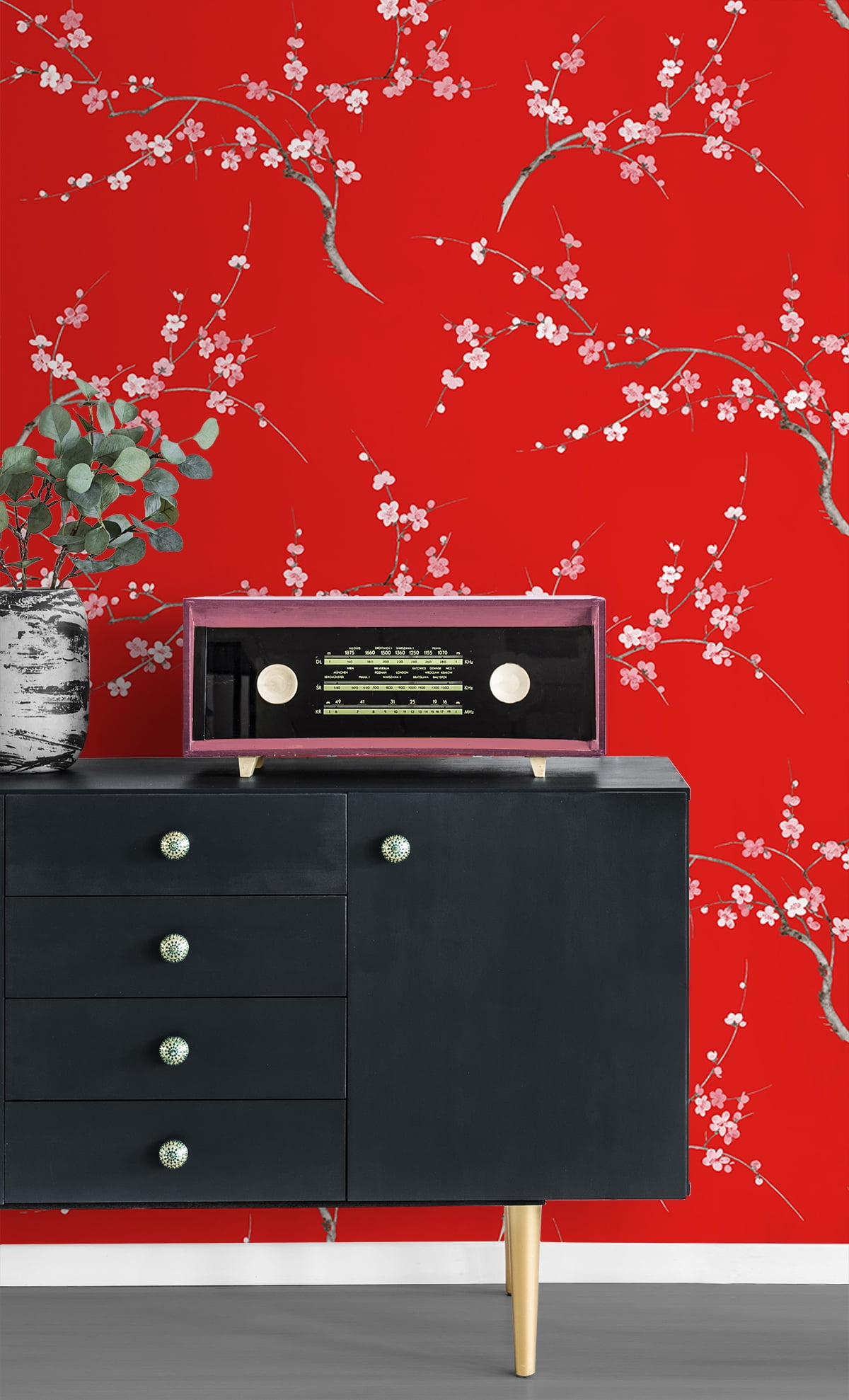 NextWall Scarlet & Petal Pink Cherry Blossom Floral Peel and Stick Wallpaper
