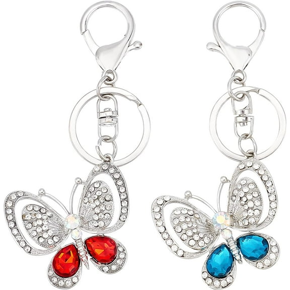 2 Colors Butterfly Rhinestone Keychain Sparkling Butterfly Keychain Cute Bling Rhinestone Key Holder for Purse Bag Fashion Key Fob Women Handbag Pendant Charms Decoration Accessories Platinum