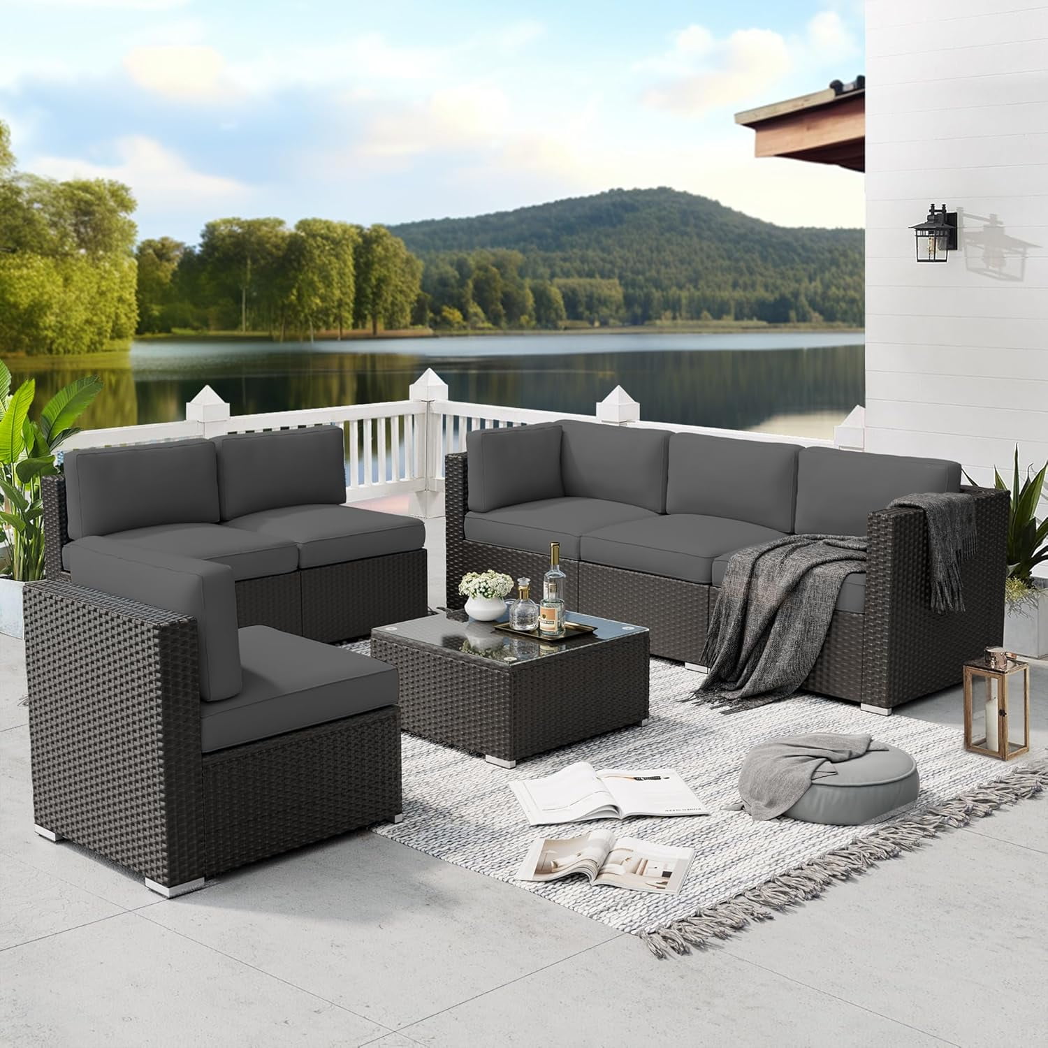 SUNCROWN 7-Piece Outdoor Patio Furniture Sofa Set All-Weather Black Wicker Sectional Conversation Set with Modern Glass Coffee Table and Cushions (Grey)