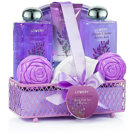 Spa Gift Basket - Luxurious 7 Piece Bath & Body Set For Women, Lavender & Jasmine Scent - Contains Shower Gel, Bubble Bath, Body Lotion, Soap, Bath Bomb, Cosmetic Bag, and Basket