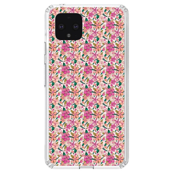 DistinctInk Clear Shockproof Hybrid Case for Google Pixel 4 XL (6.3" Screen) - TPU Bumper, Acrylic Back, Tempered Glass Screen Protector - Preppy Pattern - Pink Flowers Floral
