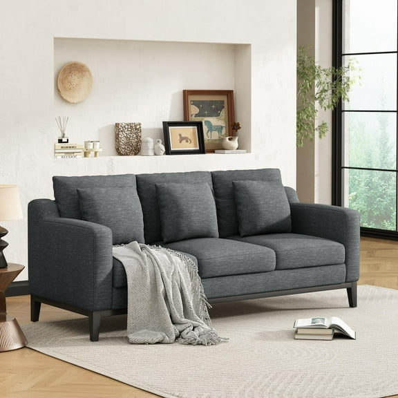 80.5" Linen Fabric Sofa Couch for Living Room,3-Seat Contemporary Upholstered Track Arm Sofa Couch with Wood Legs and Throw Pillow,Apartment,Office,Charcoal