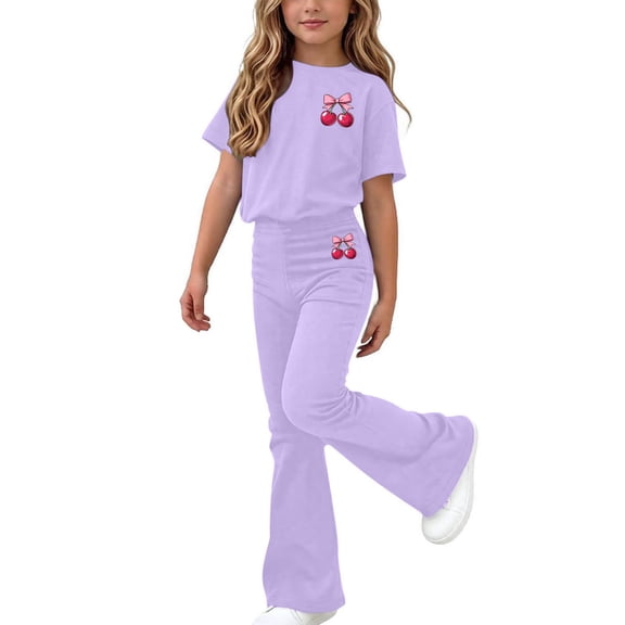 Girls Set Short Sleeve Shirt and Casual Flared Pants Suit Gnarly Beautiful Graphic Shirts Set Purple 7-8Years