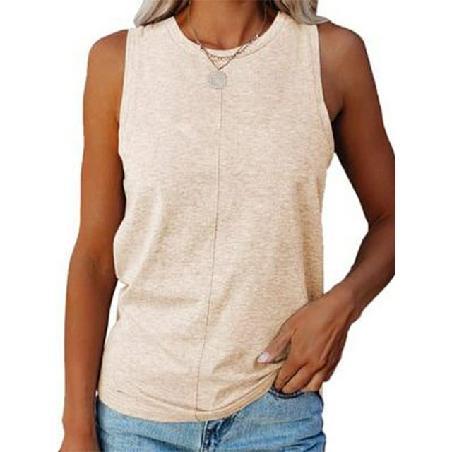 MAWCLOS Débardeurs pour Femmes Couleur Unie T-Shirts Col Rond Gilet Uni Été Sans Manches Camisole Kaki S