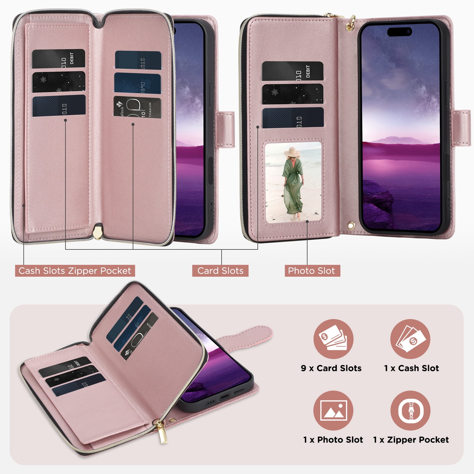 for iPhone 13 Pro Wallet Case, Multi-Functional Zipper Purse Case, with Flip Stand Card Holder PU Leather Phone Cover with Lanyard & Wrist Strap for iPhone 13 Pro, Rosegold