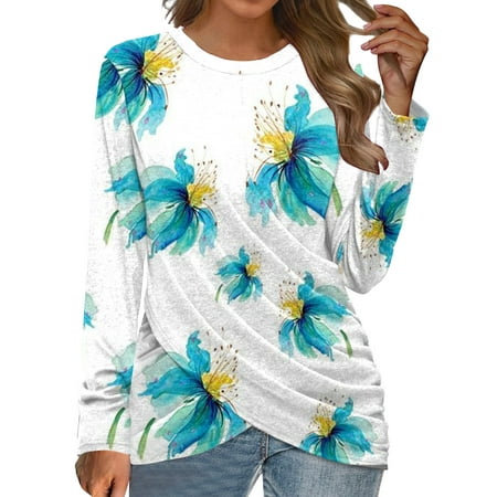 

GWAABD Long Sleeve Pajama Tops For Women Womens Long Sleeved Top Casual Print Twist Front Tunic