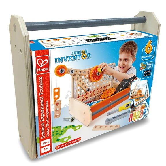 Hape: Junior Inventor: Science Experiment Toolbox - 32pc, Wooden Building Toy, 6 Experiments, Gears & Movement, STEM Mechanical Learning, Kids Ages 4 