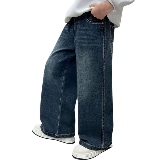 CPNG Spring Autumn Trendy Jeans for Boys Teen Boys Casual Baggy Denim Pants Elastic High Waist Denim Trousers(Blue,7-8 Years)
