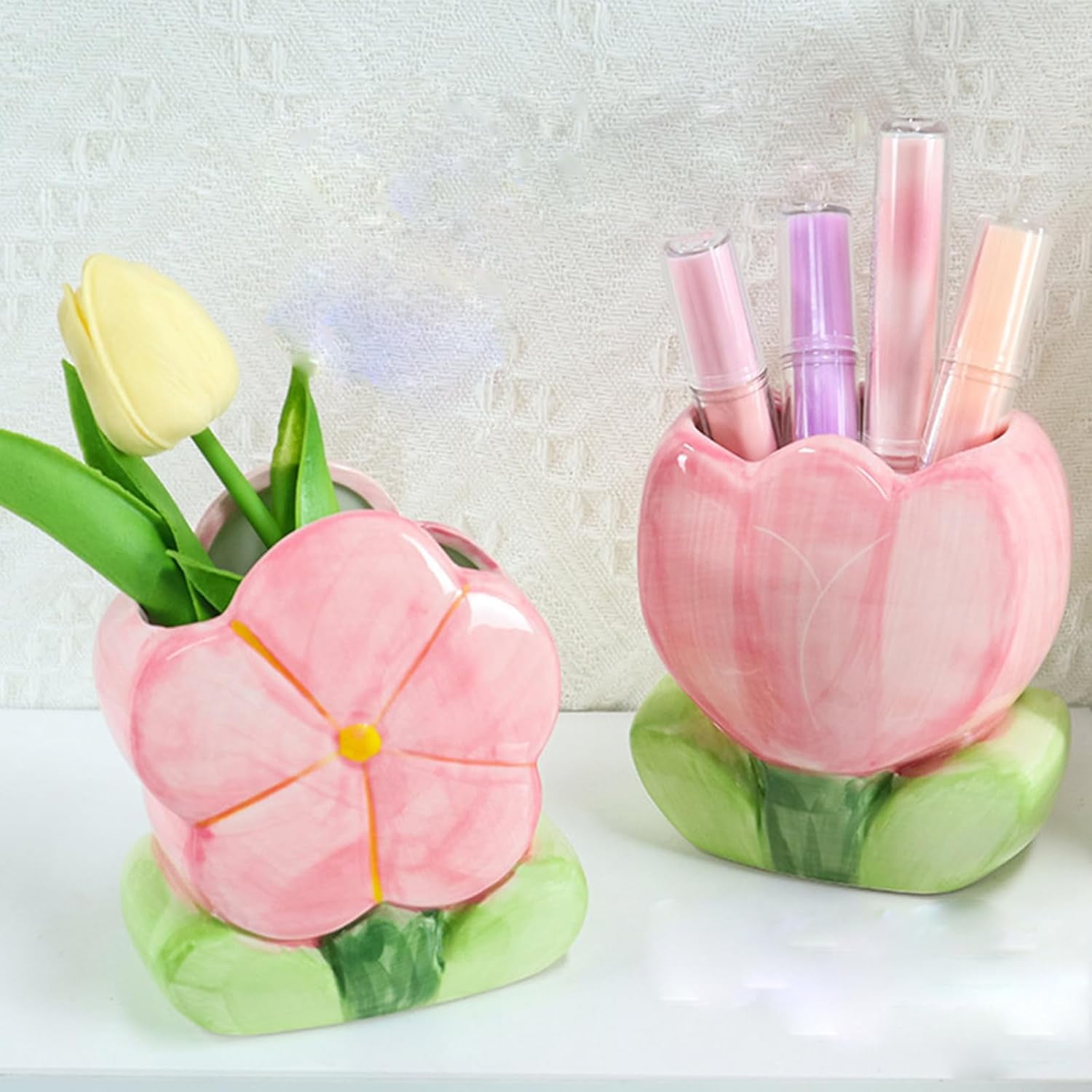 Pink Makeup Brush Holder Pen Holder for Office Desk Accessories Aesthetic Pencil Holder Cute Flower Home Decor Birthday Gifts for Women Vanity Toothbrush Holder Kawaii Kitchen Utensil Holder