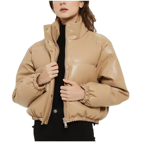 ShomPort Women's Winter Fashion Long Sleeve Zip Puffer Jacket Pockets Baggy Short Down Coats (Khaki )