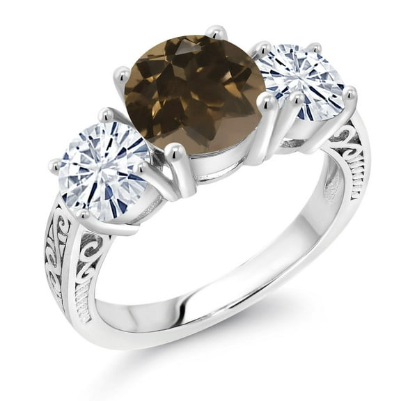 Gem Stone King 925 Sterling Silver Brown Smoky Quartz and White Moissanite Engagement Ring for Women | 3.40 Cttw | Round 8MM | Gemstone Birthstone | Size 5