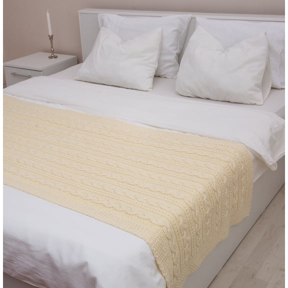 SAOL Aran Wool Bed Runner Irish Cable Knitted Bed Scarf Chunky Throw Cover