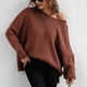 thumbnail image 4 of Jersey de punto de manga larga con cuello redondo para mujer, suéter holgado de moda con dobladillo dividido de Color puro para citas, rojo ladrillo S, 4 of 7