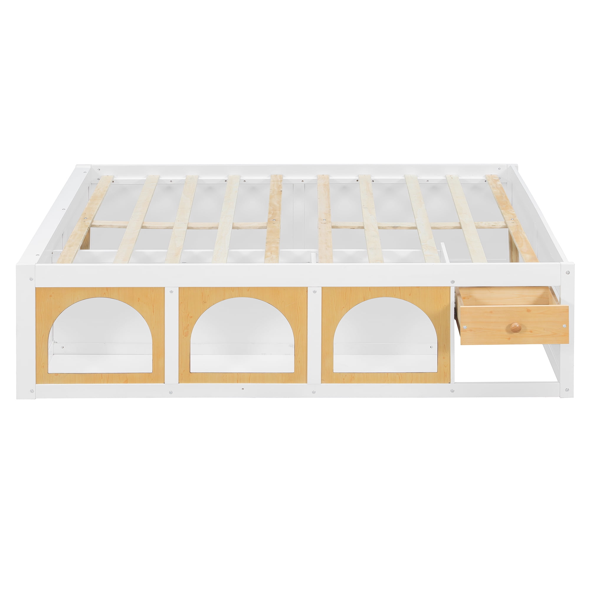 Mintazer Modern Full Size Bed with Bookshelf and 3 Open Cubbies & Drawer, Platform Bed Frame with LED Light for Kids Bedroom, Natural & White