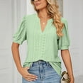 thumbnail image 2 of Dagegui Womens Short Sleeve Summer Tops 2025 Fashion Eyelet Tunic Blouse V Neck Puff Sleeve T Shirts Solid Soft Loose Fit Tees Green S-2XL, 2 of 6