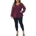 thumbnail image 2 of Blusa casual de mujer de talla grande Agnes Orinda con doble capa, encaje, mangas largas, escote en V, transparente, 4X color púrpura y rojo, 2 of 6