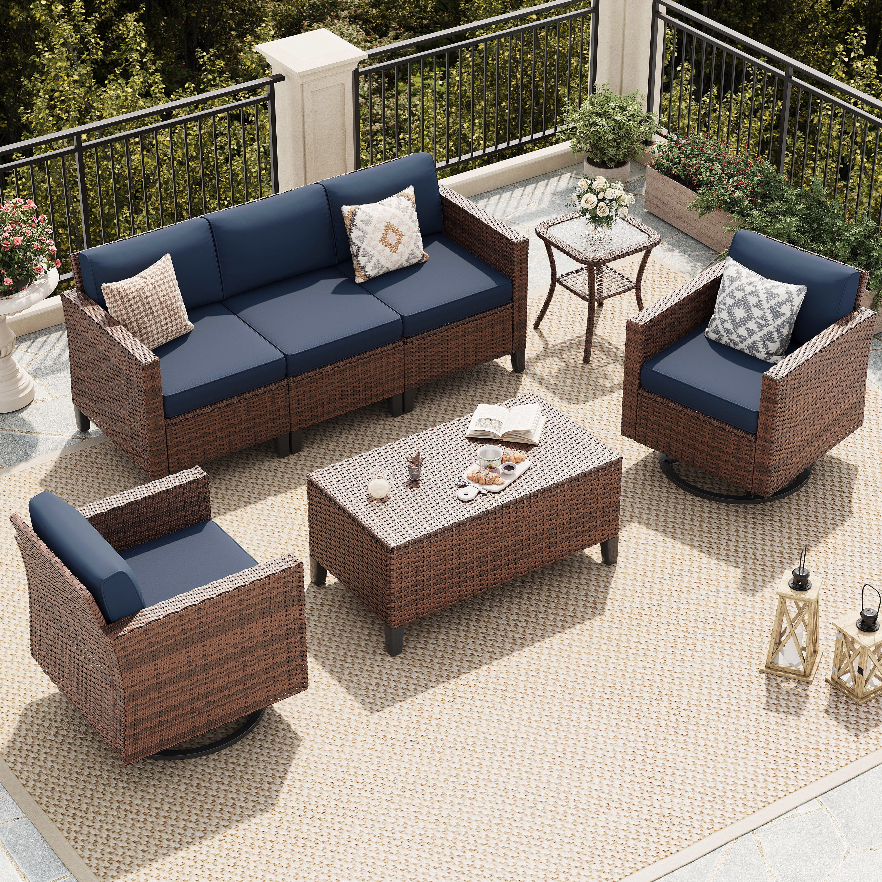 POTEBAN Patio Set, 7 Pieces Outdoor Furniture Sets with Rocking Swivel Chairs, Wicker Rattan, Waterproof Covers for Backyard