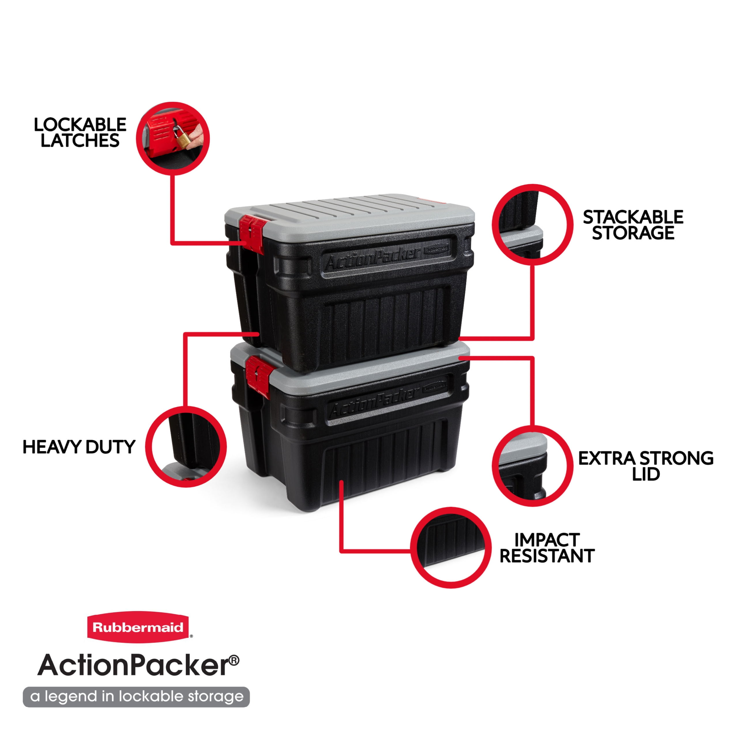 Rubbermaid 24 Gallon ActionPacker Storage Bin, Heavy Duty, Lockable, Black,  Included Lid 