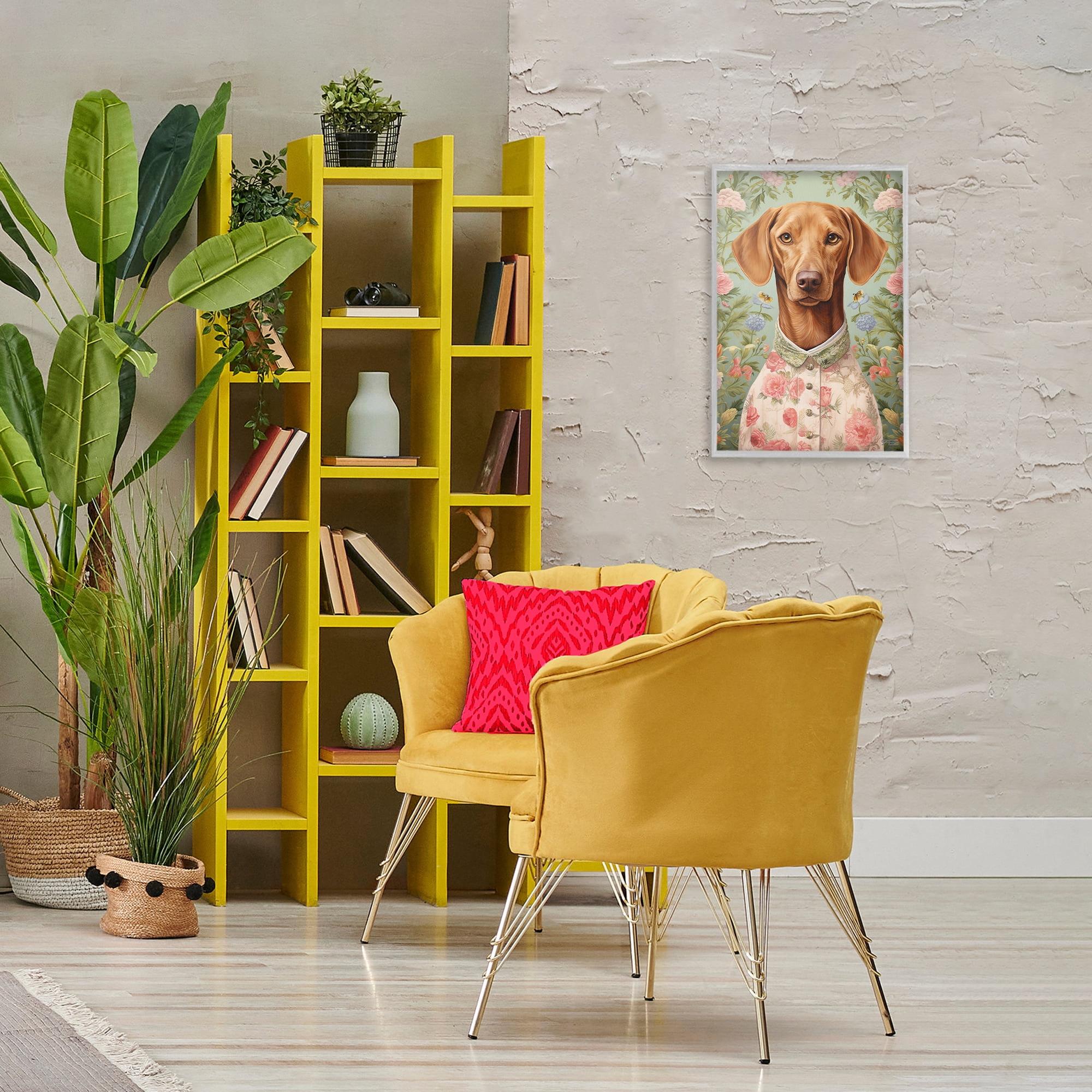 Stupell Industries Tropical Florals Dog Animals & Insects Painting Gray Framed Art Print Wall Art, 16 x 24