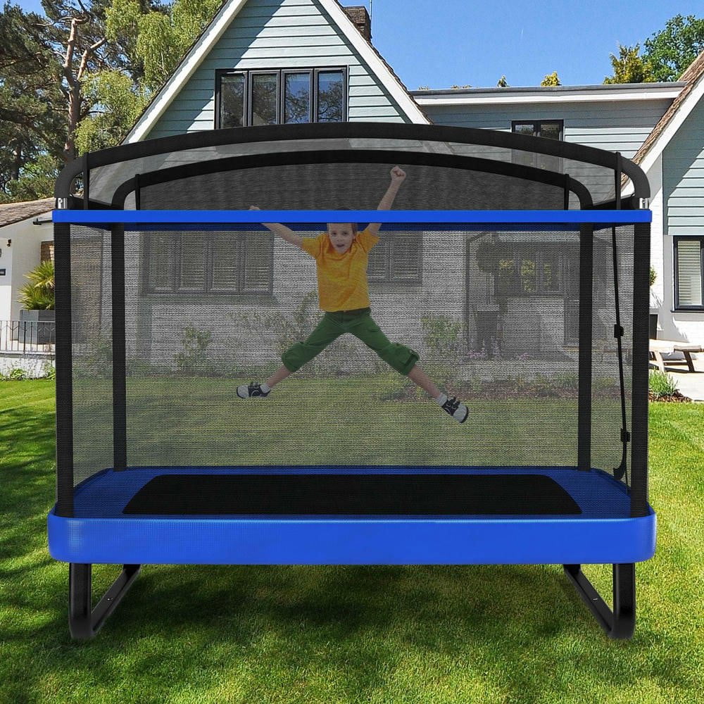 Resenkos 6 FT Kids Rectangle Trampoline with Swing & Horizontal Bar - Compact Indoor Outdoor Play Equipment - Blue